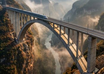 Com um arco de concreto de 445 metros, a Ponte Ferroviária Beipanjiang sustenta uma linha de alta velocidade entre penhascos