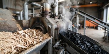 Um sistema transforma resíduos da indústria madeireira em biochar, um carvão vegetal de alta tecnologia capaz de armazenar carbono por décadas