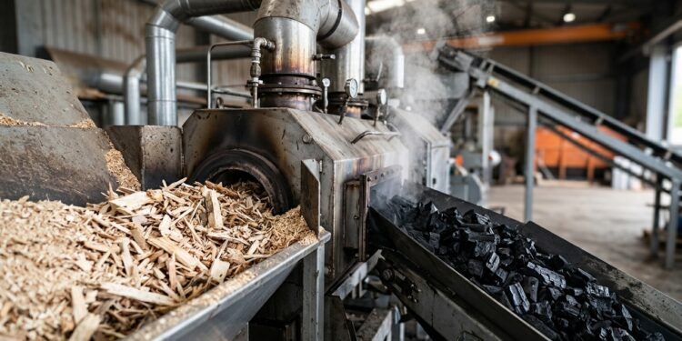Um sistema transforma resíduos da indústria madeireira em biochar, um carvão vegetal de alta tecnologia capaz de armazenar carbono por décadas