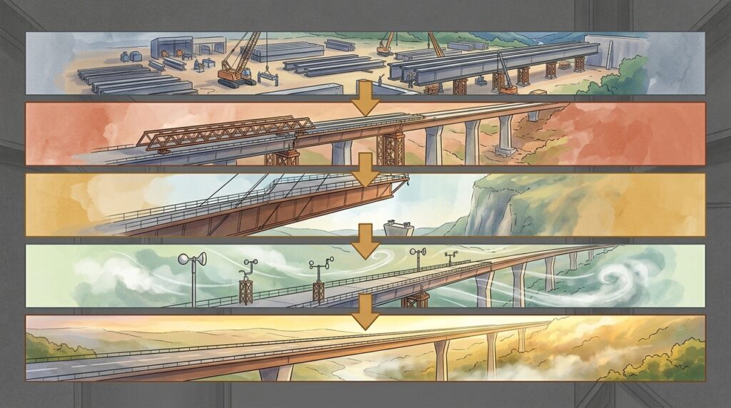 Um viaduto de 343 metros supera muitos arranha-céus e atravessa um vale inteiro sobre pilares gigantescos