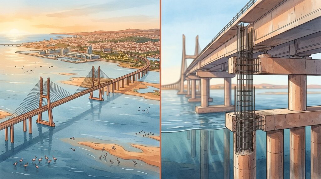 Com mais de 6 quilômetros de extensão, a Ponte Vasco da Gama foi construída para atravessar um estuário onde o solo muda constantemente