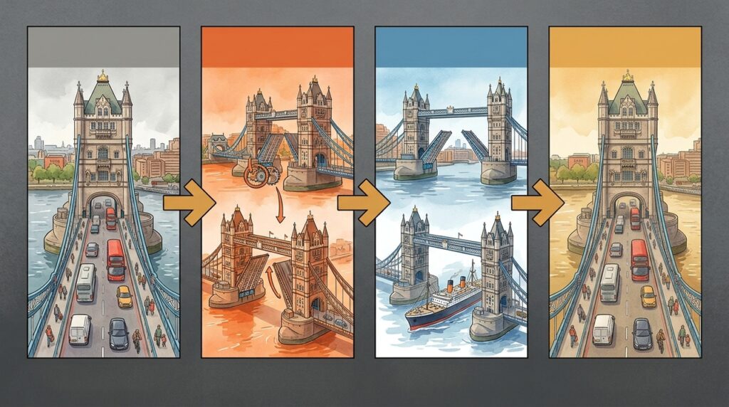 Construída sobre o Tâmisa sem bloquear a navegação, a Tower Bridge ergue duas enormes plataformas para a passagem de grandes navios