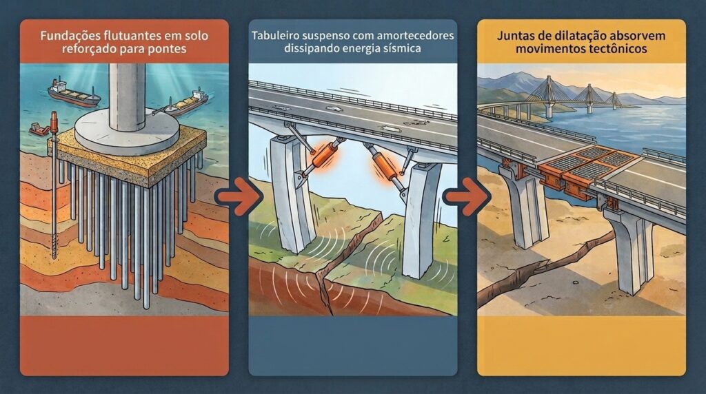 Com pilares sobre fundo marinho instável, uma ponte grega enfrenta terremotos, ventos e falhas tectônicas