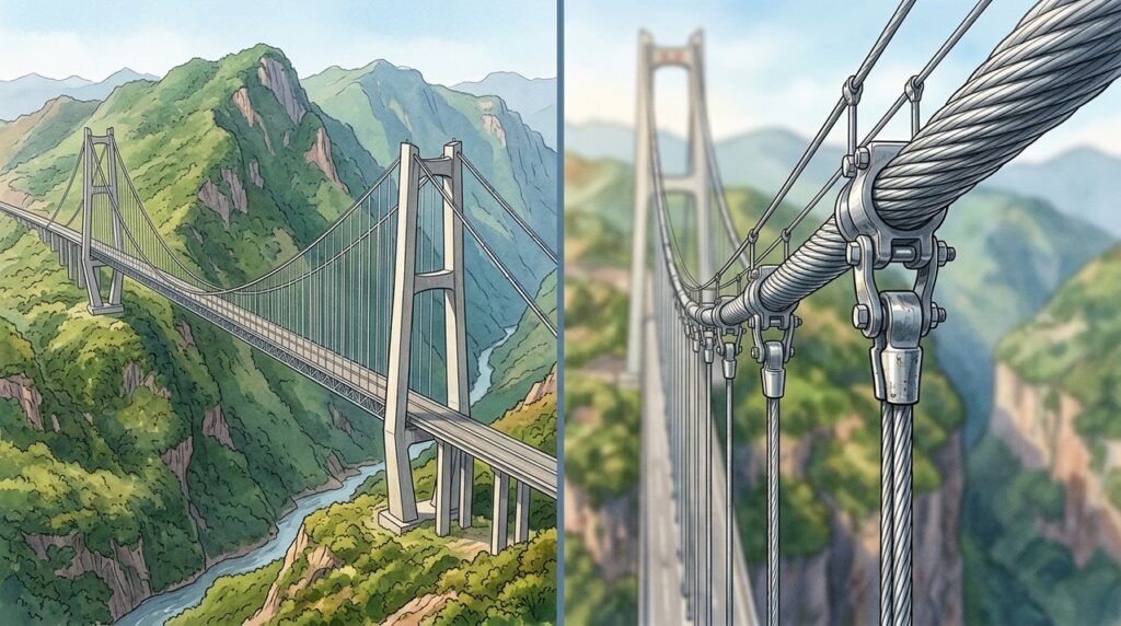 Com um vão de 388 metros, uma ponte suspensa chinesa atravessa o cânion do Beipanjiang apoiada por cabos gigantescos