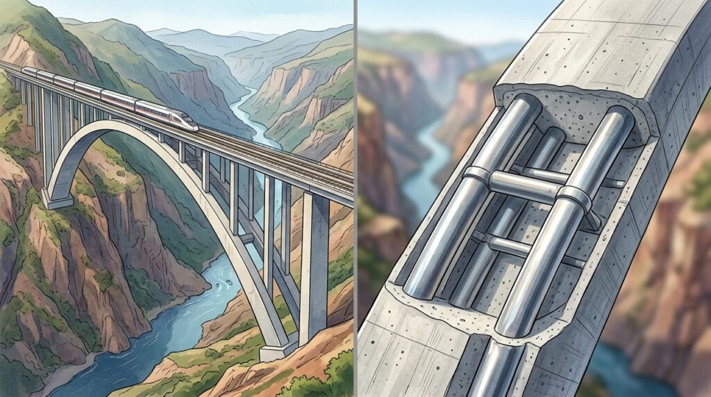 Com um arco de concreto de 445 metros, a Ponte Ferroviária Beipanjiang sustenta uma linha de alta velocidade entre penhascos