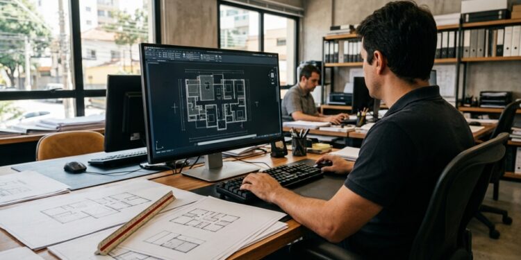 Desenhista projetista CAD organiza o projeto em 2D