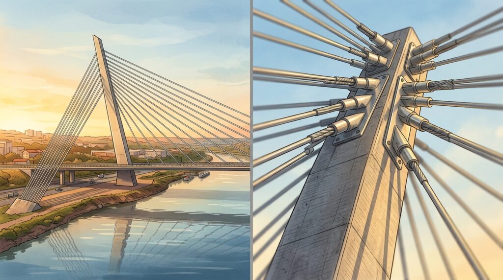 Uma ponte estaiada assimétrica usa um único mastro inclinado para equilibrar grandes vãos com dezenas de cabos