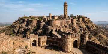 Construído sobre uma colina cerca de 180 metros acima da planície, o Forte de Chittorgarh utilizou a própria montanha como parte da defesa