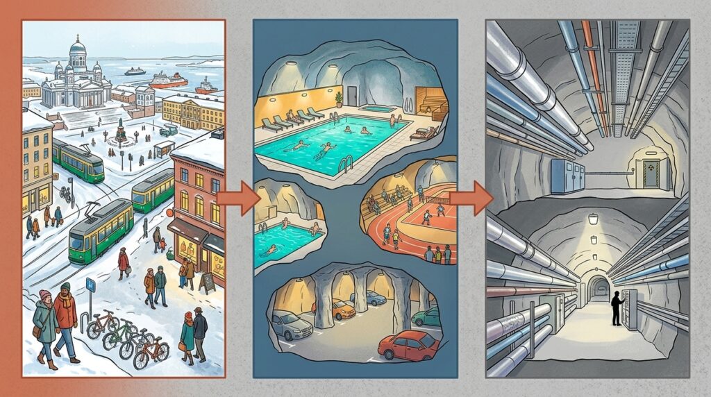 Com mais de 200 quilômetros de túneis sob Helsinque, uma cidade subterrânea esconde piscinas, centros esportivos e infraestrutura essencial