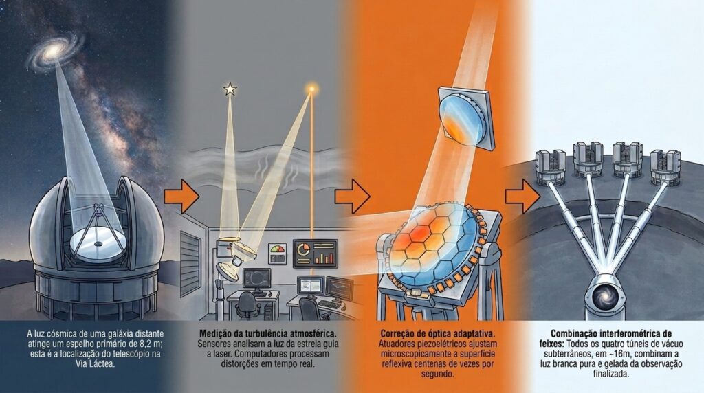 A 2.635 metros de altitude, o Very Large Telescope usa espelhos gigantes para estudar o universo em um dos céus mais limpos do planeta