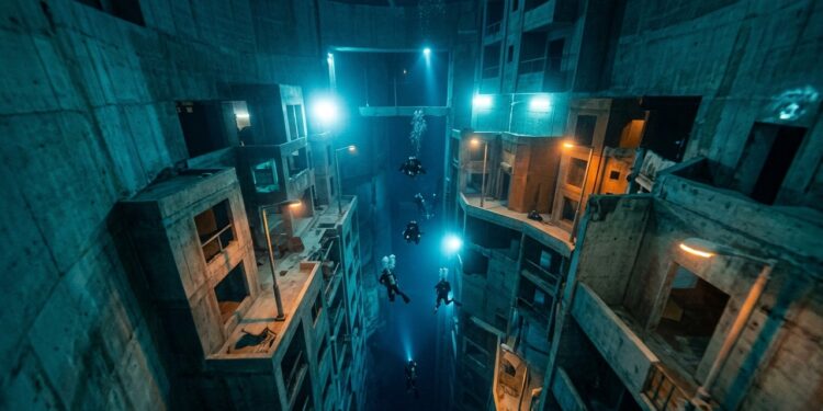 Uma piscina de mergulho com 60 metros de profundidade esconde uma cidade submersa inteira dentro de um edifício no deserto