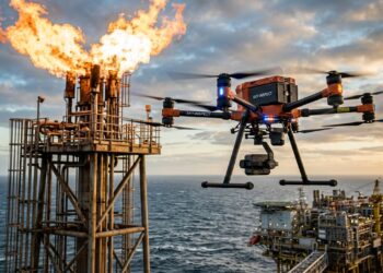Plataformas começam a receber drones industriais offshore capazes de inspecionar tochas, chaminés e estruturas metálicas sem interromper a produção