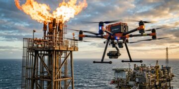 Plataformas começam a receber drones industriais offshore capazes de inspecionar tochas, chaminés e estruturas metálicas sem interromper a produção