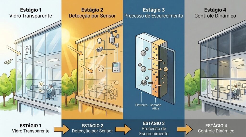 Um vidro eletrocrômico muda automaticamente a quantidade de luz que entra no ambiente sem precisar de cortinas
