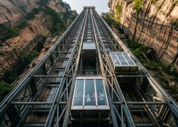 O Bailong Elevator sobe 326 metros encostado em um penhasco e leva visitantes ao topo de uma floresta de pilares de pedra