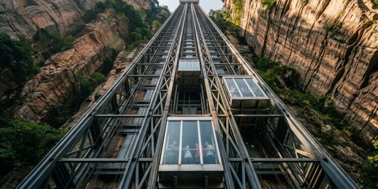 O Bailong Elevator sobe 326 metros encostado em um penhasco e leva visitantes ao topo de uma floresta de pilares de pedra