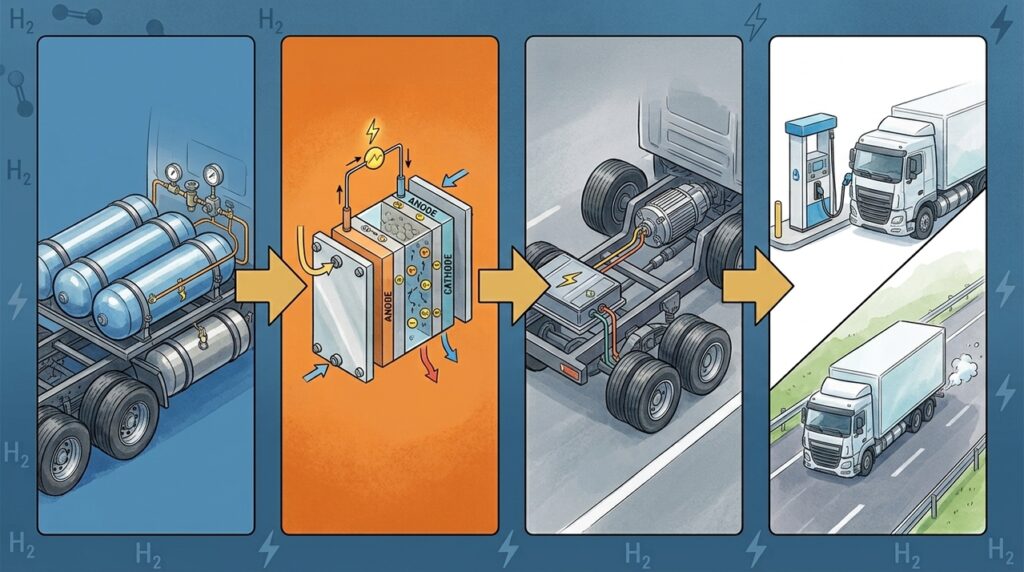 Caminhões elétricos a hidrogênio prometem longas distâncias com abastecimento em poucos minutos