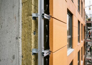 A parede não encosta diretamente no prédio: uma segunda pele fica alguns centímetros afastada da fachada e cria um corredor de ar escondido do lado de fora