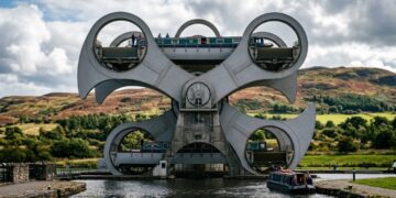 Um elevador de barcos gira uma estrutura de 1.800 toneladas e substitui uma sequência inteira de antigas eclusas na Escócia
