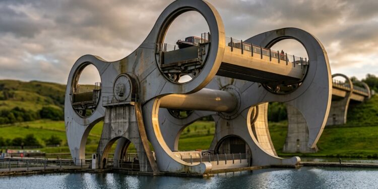 Falkirk Wheel gira barcos entre dois canais usando duas enormes caçambas de água em equilíbrio