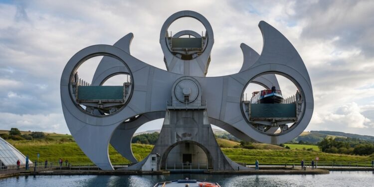 Elevação equilibrada de barcos pela Falkirk Wheel