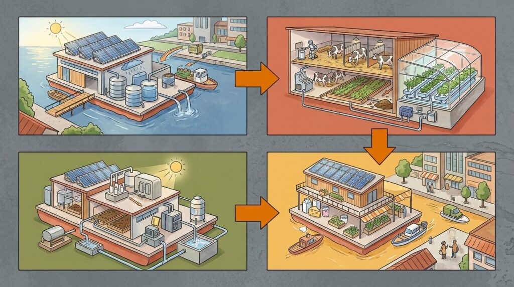 Fazendas flutuantes produzem leite e hortaliças sobre a água onde o espaço urbano já é escasso