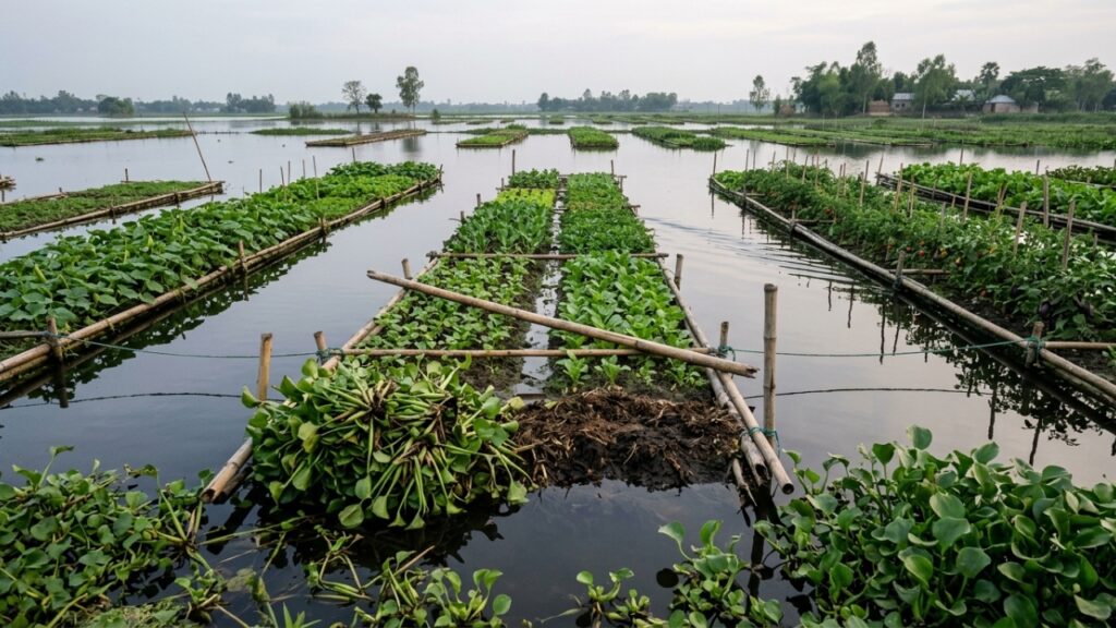 Como agricultores cultivam alimentos sobre áreas alagadas
