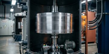 Um enorme volante de inércia de aço gira a milhares de rotações por minuto para armazenar energia sem utilizar baterias químicas
