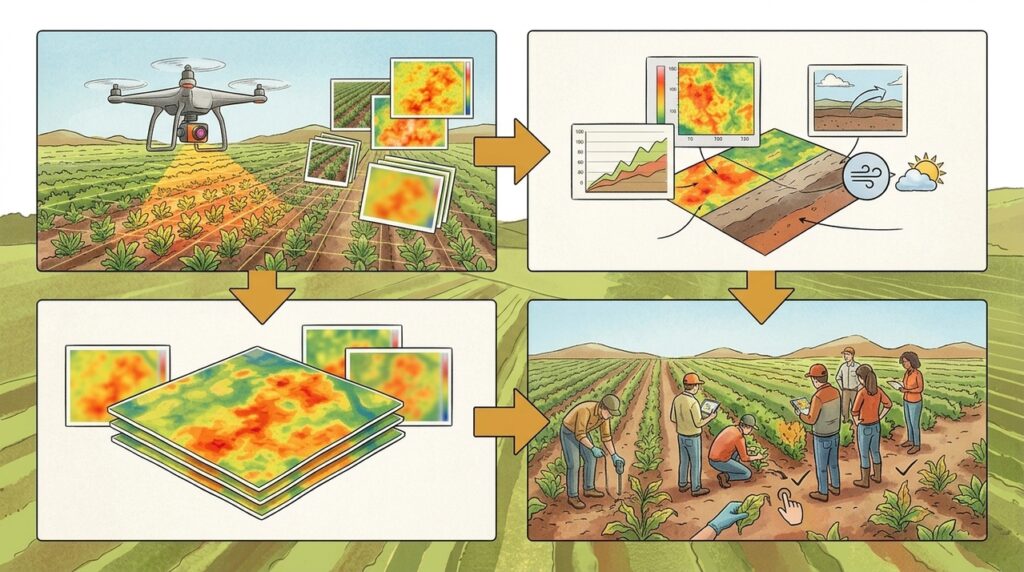 Fazendas utilizam câmeras térmicas instaladas em drones para descobrir plantas doentes antes que os primeiros sinais apareçam