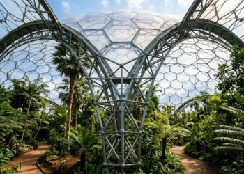 Uma cúpula de aço no Eden Project cobre uma floresta tropical inteira e mantém milhares de plantas vivendo sob um único teto