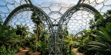 Uma cúpula de aço no Eden Project cobre uma floresta tropical inteira e mantém milhares de plantas vivendo sob um único teto