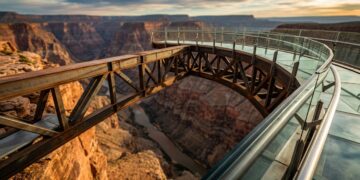 Uma passarela de vidro avança 21 metros para fora do Grand Canyon e deixa visitantes caminharem com mais de 200 metros de vazio diretamente abaixo