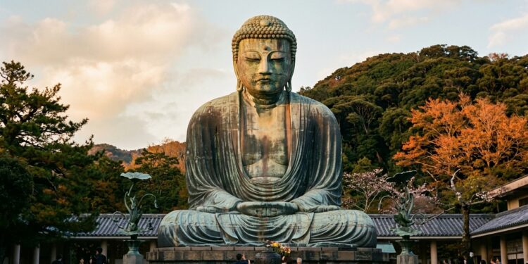 Com 11,3 metros de altura, o Grande Buda de Kamakura permanece ao ar livre há séculos depois que o salão ao seu redor desapareceu