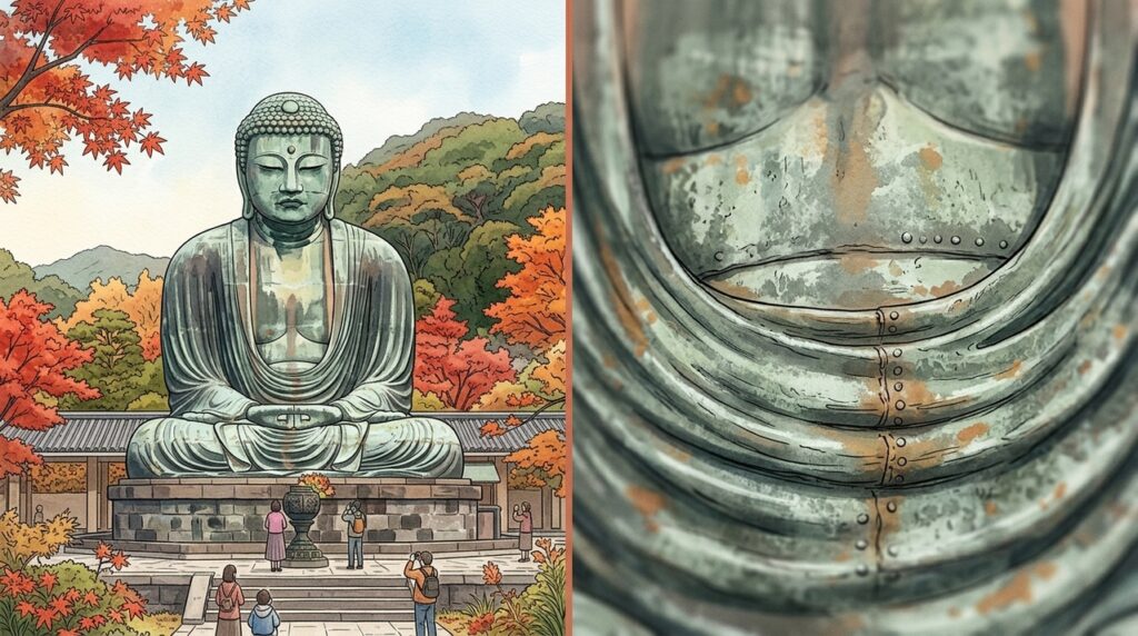 Com 11,3 metros de altura, o Grande Buda de Kamakura permanece ao ar livre há séculos depois que o salão ao seu redor desapareceu