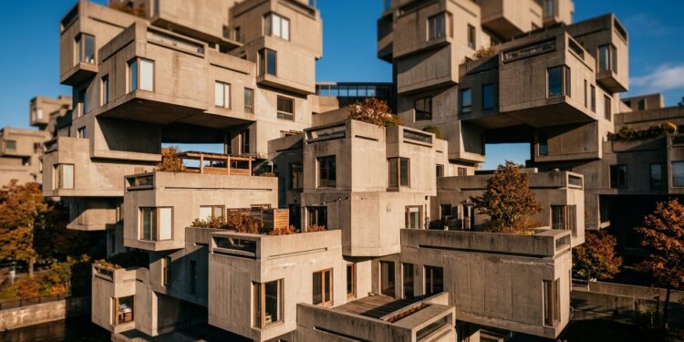 Com 354 módulos pré-fabricados de concreto, o Habitat 67 inspirou décadas de pesquisas sobre cidades modulares e construção industrializada