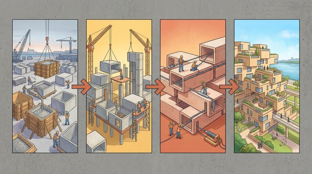 Com 354 módulos pré-fabricados de concreto, o Habitat 67 inspirou décadas de pesquisas sobre cidades modulares e construção industrializada