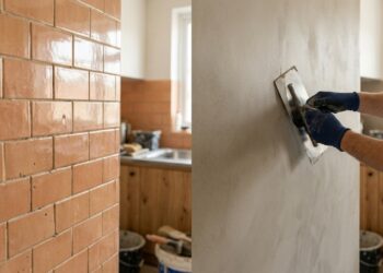 O piso antigo continua no lugar e uma camada de poucos milímetros é aplicada por cima para criar uma superfície contínua praticamente sem juntas