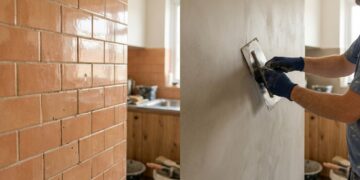 O piso antigo continua no lugar e uma camada de poucos milímetros é aplicada por cima para criar uma superfície contínua praticamente sem juntas
