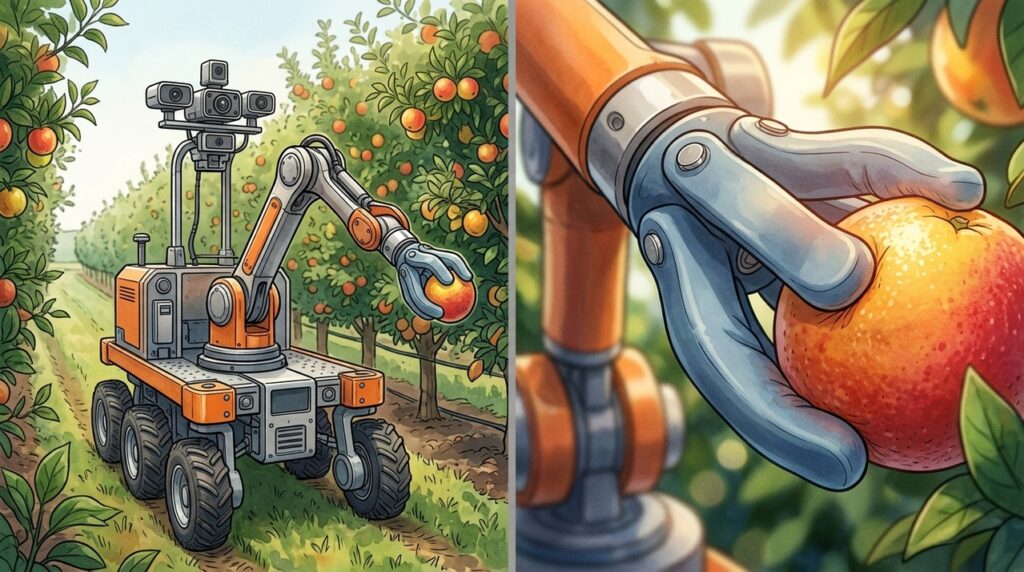 Robôs já conseguem colher frutas analisando cor, tamanho e ponto de maturação com menor risco de danificar a plantação