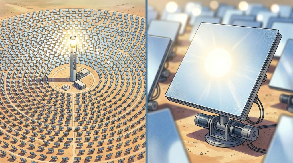 O espelho gigante de uma usina solar acompanha o Sol e produz temperaturas suficientes para fabricar aço e cimento