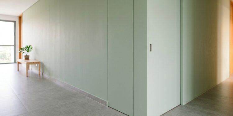 Porta integrada ao plano da parede por meio de perfil e ferragens ocultas