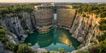 Construído dentro de uma pedreira de 88 metros, o InterContinental Shanghai Wonderland desce 16 pavimentos abaixo do solo