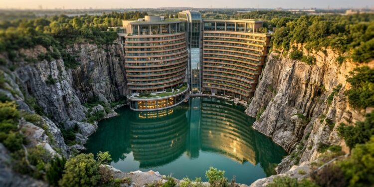 Construído dentro de uma pedreira de 88 metros, o InterContinental Shanghai Wonderland desce 16 pavimentos abaixo do solo