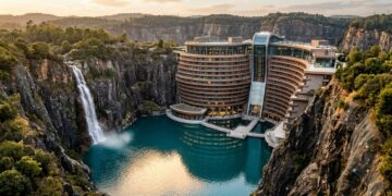 Um hotel construído dentro de uma pedreira abandonada desce 16 andares abaixo do solo e transformou um enorme buraco em referência mundial de arquitetura