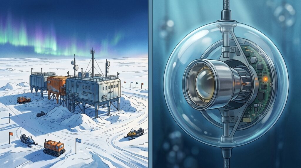 IceCube usa 5.160 sensores presos na geleira para registrar clarões quase invisíveis vindos do espaço