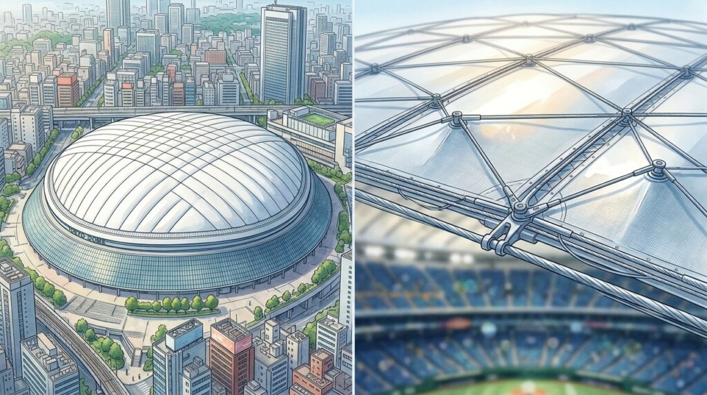 Uma enorme cobertura pneumática usa a pressão do ar para manter o teto do Tokyo Dome suspenso