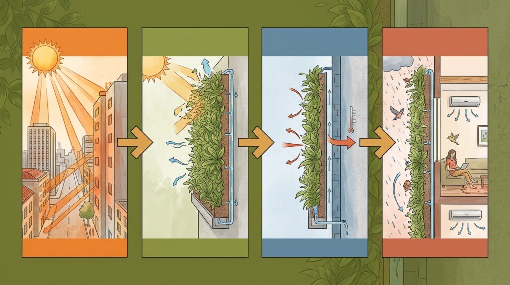 Uma parede coberta por plantas pode reduzir o calor da fachada, reter chuva e diminuir parte da energia usada na climatização