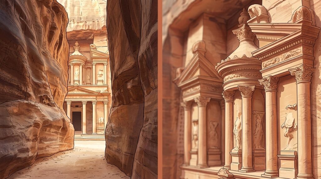 Esculpido diretamente na rocha, Al-Khazneh permanece integrado à montanha de Petra há cerca de dois mil anos