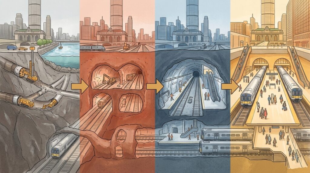 Um terminal ferroviário foi construído cerca de 43 metros abaixo de Manhattan para ampliar o transporte sem ocupar a superfície