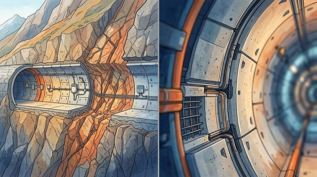 Um túnel ferroviário, o Túnel T9, atravessa uma falha geológica ativa e usa segmentos flexíveis para suportar movimentos futuros da montanha